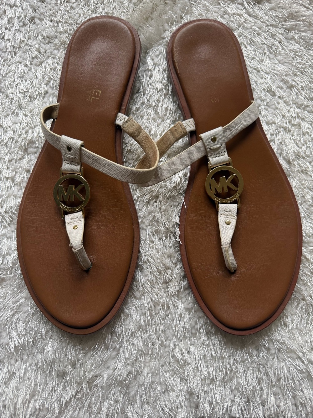 Michael Kors White Leather Logo Thong Sandals with Gold MK Medallion